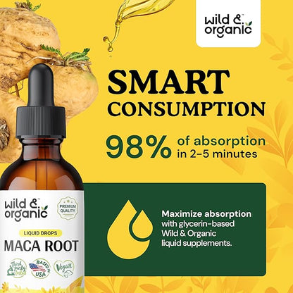 Wild & Organic Maca Root Drops for Women & Men - Supports Mood, Focus, Active Lifestyle - Alcohol Free Maca Tincture - Liquid Maca Root Supplement - Vegan, No Additives - 2 fl oz