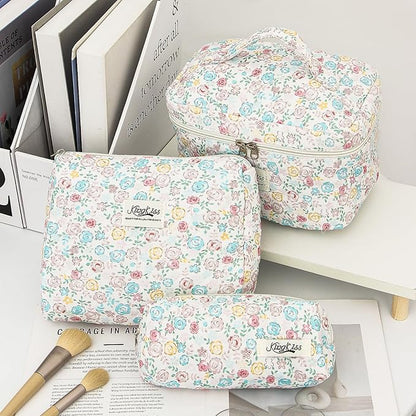 kingkiss Makeup Bag, Quilted Cosmetic Bag, Large Capacity Make Up Bag for Women, Cute Floral Storage Toiletry Bag Travel Storage Makeup Bag(Blue#2)