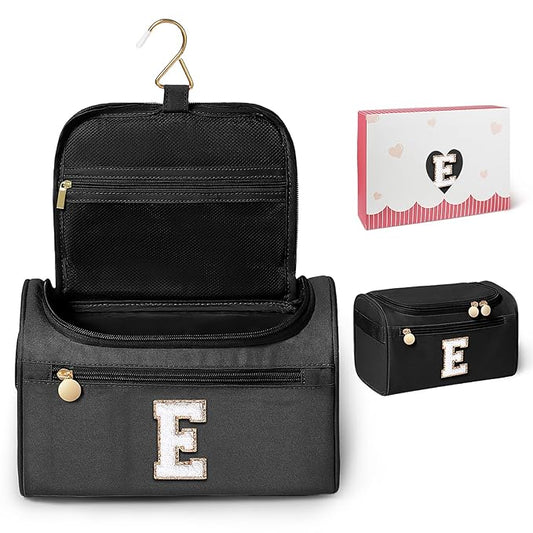 COSHAYSOO Practical Birthday Gifts for Woman Friend Sister Bestie 16 17 18 19 20 21 25 30 Year old, Initial Hanging Toiletry Bag Waterproof for Women Travel Skin Care Toiletries Black Letter E