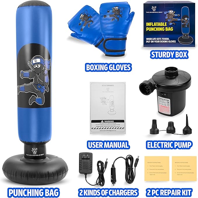 THB Punching Bag for Kids - Inflatable Punching Bag Stand with Boxing Gloves for Kids Age 3-8, 63” Ninja Boxing Bag with Electric Air Pump to Practice Taekwondo, Karate, MMA, Bouncing Back Boxing Set