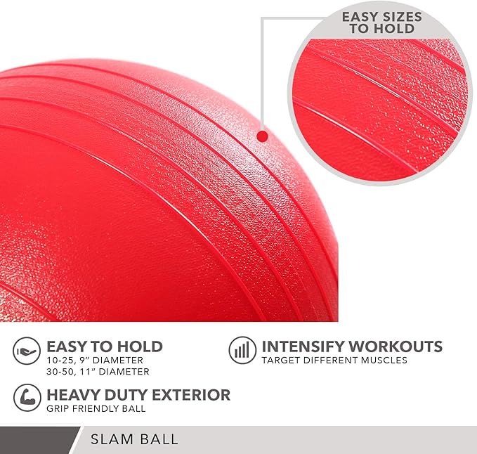 Weighted Slam Ball by Day 1 Fitness – 15 lbs RED - No Bounce Medicine Ball - Gym Equipment Accessories for High Intensity Exercise, Functional Strength Training, Cardio