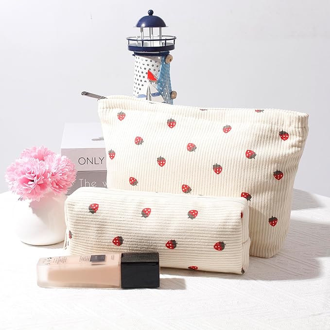 Cosmetic Bag for Women Corduroy Makeup Bag Travel Make Up Organizer Tool Pouch Small Bag for Purse, Zipper Portable Storage Pouch Toiletry Bag for Women (Beige strawberry)