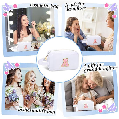 Aveniee Monogram Travel Makeup Bag for Women,Initial Cosmetic Organizer With Handle,Preppy Toiletry Bag,Christmas Birthday Gifts for Women Teen Girls Sister Teacher-White S
