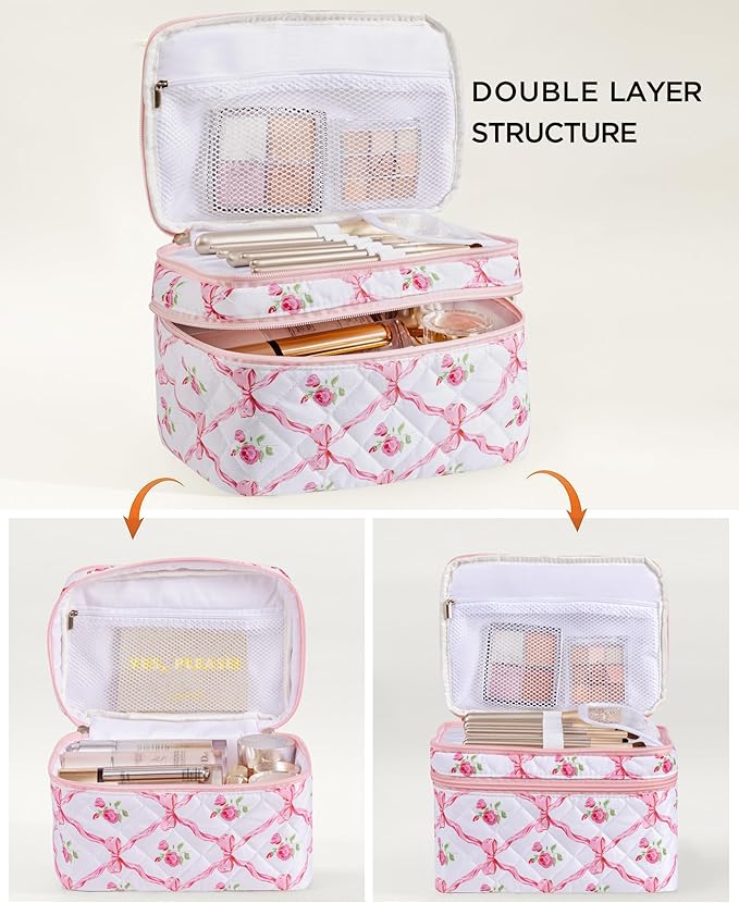 HBselect 2Pcs Travel Makeup Bag, Large Cotton Quilted Makeup Bag Cosmetic Bag Cute Make up Bag Toiletry Bags for Women Girls