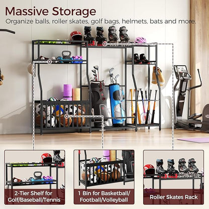 Sports Equipment Storage for Garage, Large Size Garage Storage,78.3" Ball Storage Rack, Sports Equipment Organizer with Hooks, Ball Holder for Football, Basketball, Black BEHB17201