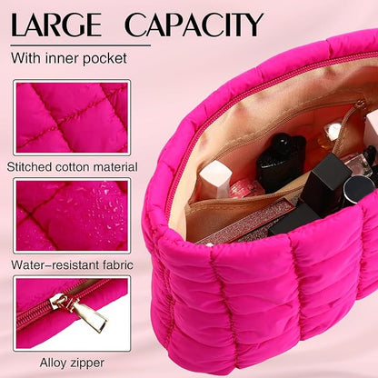Hillban Puffy Quilted Makeup Bag Quilted Cosmetic Bag Cute Puffer Toiletry Checkered Pouch Aesthetic Travel Makeup Brushes Organizer(Rose Red,Classic)