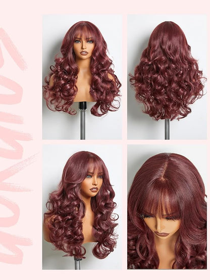 GORGIUS Glueless Wavy Wig with Bangs Burgundy Synthetic Curtain Bang Wig with Realistic Scalp 22 Inch