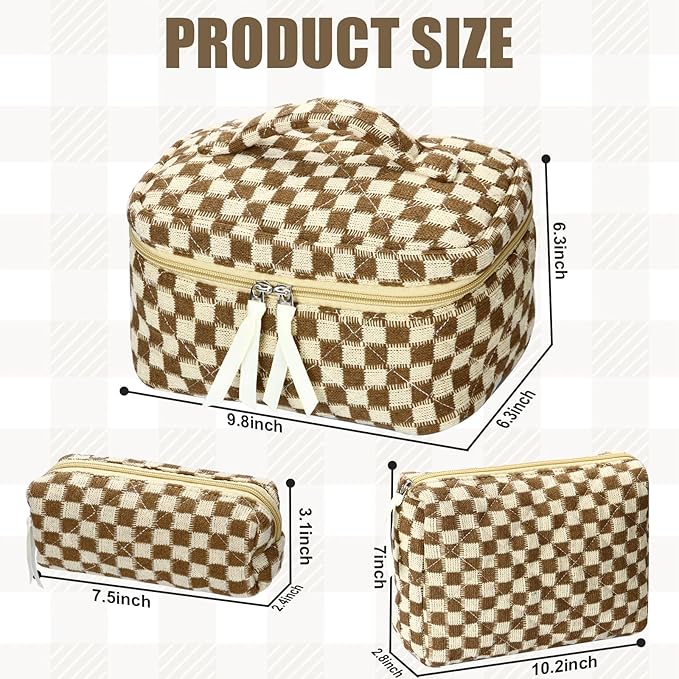 Quilted Makeup Bag Set, 3Pcs Large Checkered Corduroy Cosmetic Bags, Cute Coquette Makeup Bag Toiletry Zipper Pouch Bag for Women and Girls Checkered