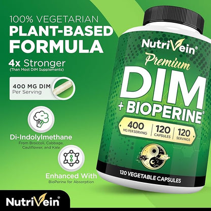Nutrivein DIM Supplement 400mg Diindolylmethane Plus Bioperine - Maintain Hormone Balance with Estrogen for Menopause and Middle Age - Supports Acne and PCOS Treatment Men & Women