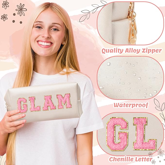 CY2SIDE GLAM Letter Makeup Bag - 4PCS Pink Glam Skin Hair Bath Chenille Letter Patch Cosmetic Bag Preppy PU Leather Patch Pouch Waterproof Portable Zipper Travel Organizer Xmas Gifts for Women Girls