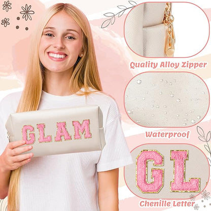 CY2SIDE GLAM Letter Makeup Bag - 4PCS Pink Glam Skin Hair Bath Chenille Letter Patch Cosmetic Bag Preppy PU Leather Patch Pouch Waterproof Portable Zipper Travel Organizer Xmas Gifts for Women Girls