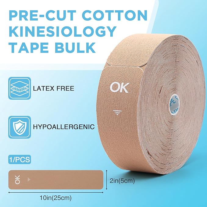OK TAPE Kinesiology Tape Pre Cut Strips Bulk (100 PCS),Elastic Cotton Latex Free Hypoallergenic Athletic Tape Roll for Muscle Joint Knee,Waterproof k Tape 2in×10in/PCS