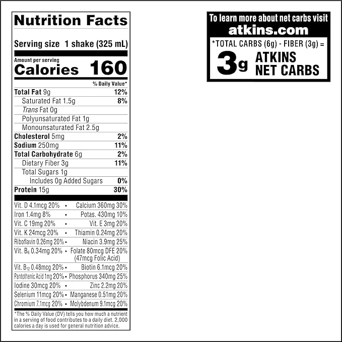 Atkins Café au Lait Iced Coffee Protein Shake, 15g Protein, Low Glycemic, 3g Net Carb, 1g Sugar, Keto Friendly, 12 Count