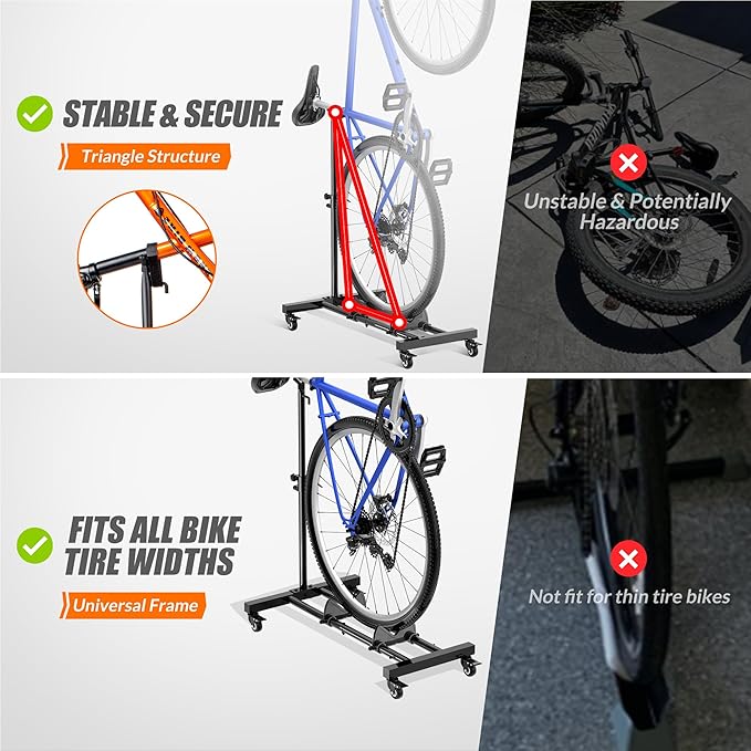 Vertical Bike Stand, Freestanding Indoor Bike Storage Rack Upright Bicycle Floor Stand Indoor Bike Holder with Adjustable Height for Garage & Apartment - for Wheels Sizes up to 29”