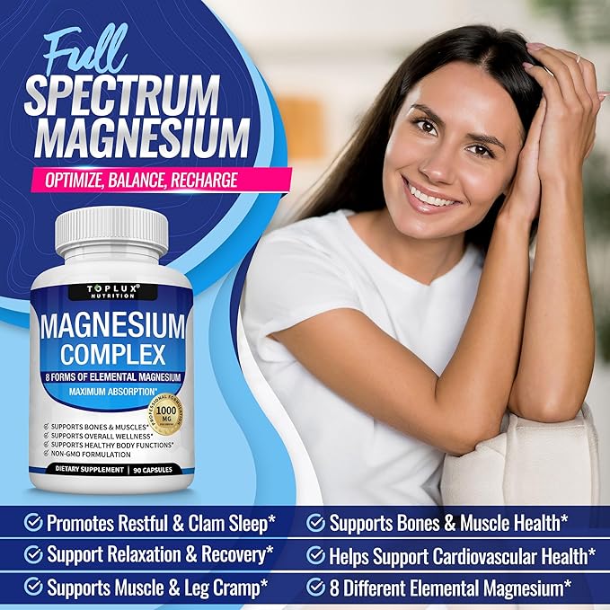 Toplux, Magnesium Complex Supplement 8 Elemental 1000mg - Magnesium Glycinate, Citrate, Malate, Taurate, Chelated for Easy Absorption for Bones, Muscle, Recovery, Energy, Vegan Non-GMO 90 Capsules