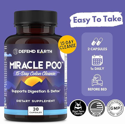 15 Day Gut Cleanse, Miracle Poo Colon Cleanse Capsules for Detox & Digestive Health Support with Psyllium Husk, Senna, & Cascara Sagrada, Non-GMO, 30 Capsules