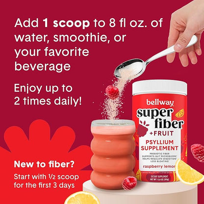 Bellway Super Fiber Powder + Fruit (3 Pack), Sugar Free Organic Psyllium Husk Powder Fiber Supplement for Regularity, Bloating Relief & Gut Health, Non-GMO, Plant-Based, Raspberry Lemon (150 Servings)