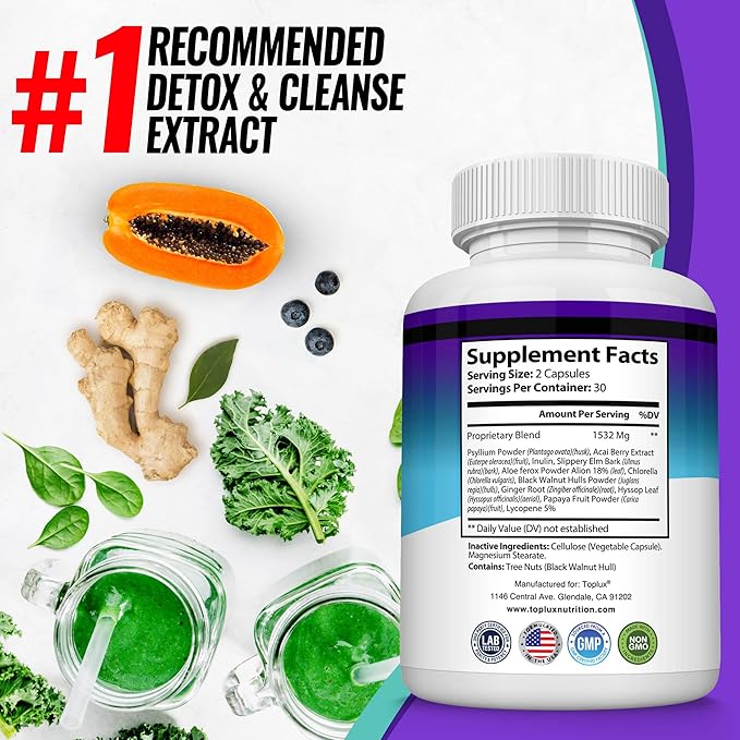 Toplux Keto Detox Pills Advanced Cleansing Extract – 1532 Mg Natural Acai Colon Cleanser Formula, Flush Toxins & Excess Waste, for Men Women, 60 Capsules, Supplement