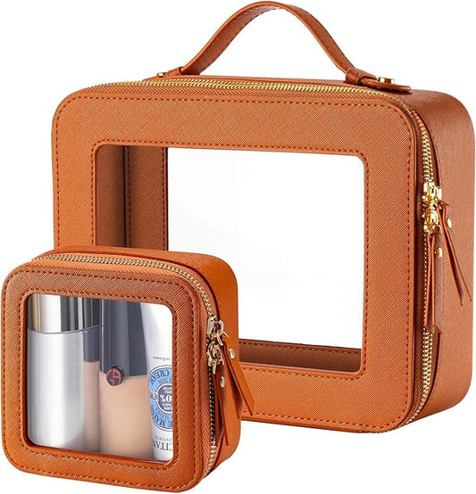 Keains Clear Makeup Bag Set，Cosmetic Organizer Case Transparent Waterproof Travel Toiletry Bag with Zipper，Portable Make Up Organizer Traveling Compact Car Bag for Essentials（Orange brown）
