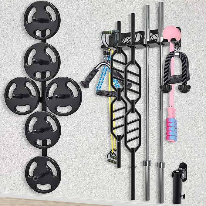 Kipika Gym Organizer Set Wall Mounted Weight Plate Storage Rack Barbell Storage Rack with T-Bar Row Landmine Platform Attachment Durable Steel Construction Easy Installation
