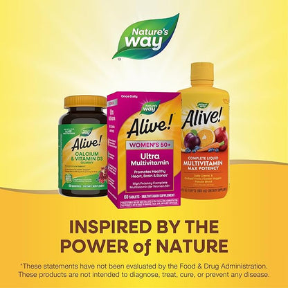 Nature’s Way Alive! Women’s 50+ Ultra Potency Complete Multivitamin, High Potency Formula, Promotes Healthy Heart, Brain, Bones*, with Methylated B12, Gluten-Free, 60 Tablets (Packaging May Vary)