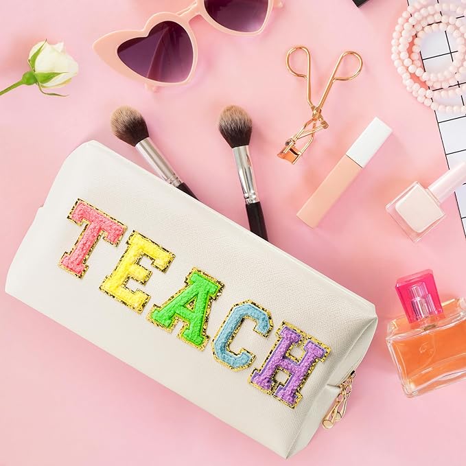 CY2SIDE Colorful TEACH Letter Patch Makeup Bag Shell Gold PU Leather Patch Cosmetic Bag with TEACH Chenille Letter for Travel Waterproof Portable Zipper Travel Organizer for Teacher Appreciation Gifts