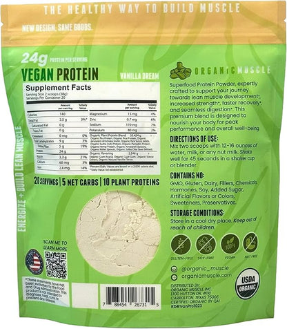 Organic Muscle Organic Vegan Protein Powder - Plant Based Vanilla Protein Powder with Pea, Hemp, Brown Rice, Chia Seed & Amino Acids - Low Calorie for Muscle Growth & Speed Recovery