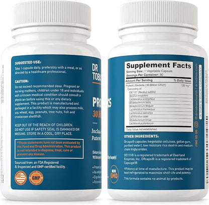 Dr. Tobias Probiotics 30 Billion, 10 Strains, 30 Billion CFU's, Targeted Release Probiotics for Digestive Health, Shelf-Stable Probiotics for Women & Men, Non-GMO, 90 Capsules, 90 Servings