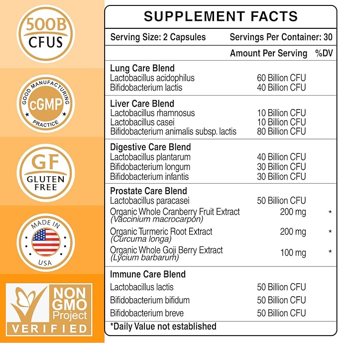 Probiotics for Men, Men Care Supplement, Gut health for men, 500 Billion CFUs & 12 Strains, Mens probiotic with Turmeric, Cranberry, Goji, for Digestive, Immune & Bloating Health, 60-Days Supply