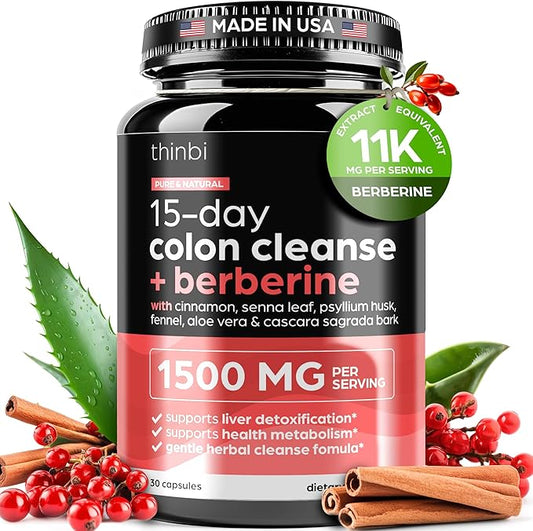 Colon Cleanse Berberine Supplement 1500mg - 15-Day Advanced Detox for Men & Women - Extra Strength w/Senna Leaf, Fast-Acting Natural for Constipation, Gut Health & Bloating Relief - THINBI