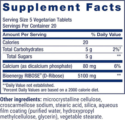 Life Extension D-Ribose Tablets, Plus Calcium, Helps Maintain Healthy Energy Levels in Heart and Muscle, Encourages The Production of ATP, Gluten-Free, Non-GMO, Vegan, 100 Vegetarian Tablets