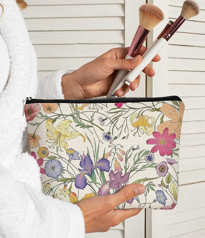 Vintage Cottagecore Watercolor Summer Wildflowers Makeup Bag,Colorful Floral Cosmetic Bag Best Gift Idea for Flower Lover Girls Women Mom,Zipper Travel Toiletry Bag Birthday Mother's Day Gifts for Mom