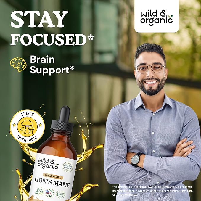 Wild & Organic Lion's Mane Tincture - Brain Supplements for Focus - Lions Mane Liquid for Brain - Lion's Mane Mushroom Supplement - Mushroom Drops for Brain Health Support - Lions Mane Supplement 4 oz