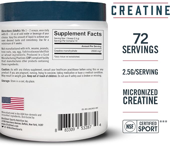 BioSteel Micronized Creatine Monohydrate Powder - 72 Servings, Unflavored, Pure Muscle Builder