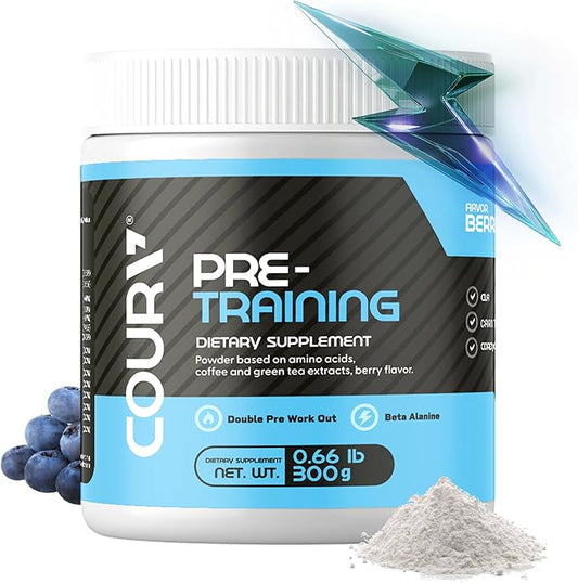COURA Pre Workout Berries Flavor 300g - 10.5 Ounces - Protein Powder - Energy Boost - Supports Focus and Endurance - Cordyceps - Ideal for Athletes - Gluten-Free
