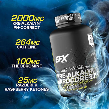 EFX Sports Kre-Alkalyn Hardcore | Thermogenic pH Correct Creatine Monohydrate Pill Supplement | Energy & Strength Pre Workout | 60 Servings, 180 Capsules