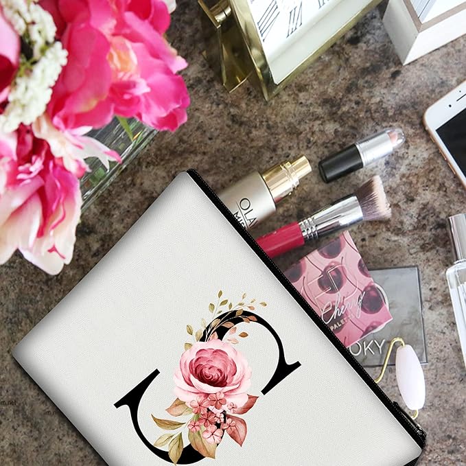 Vavabox A-Z Personalized Makeup Bag, Birthday Gifts for Women Mom, Gifts for Best Friend, Bride Bridesmaid Cosmetic bag (S, White)