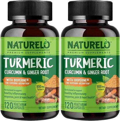NATURELO Turmeric Curcumin with BioPerine - Ginger Root, Black Pepper, Curcuminoids - Relief for Stiff, Sore Joints - 120 Vegan Capsules (2 Pack)