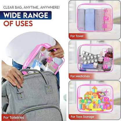 VYRL 2 Pack Clear Makeup Bag - Quart Size 3-1-1 TSA Approved Toiletry Bag with Zipper - Water-Resistant Durable PVC Clear Toiletry Bag for Carry-on Airport Travel Accessories - Rose Pink