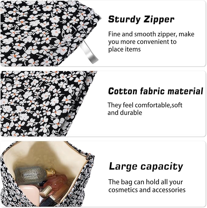 Flower Makeup Bag Travel Large Cosmetic Bag for Women Cute Cotton Makeup Pouch Zipper Cosmetic Pouch for Purse Aesthetic Black Floral Make up Organizer Bag Portable Toiletry Bags