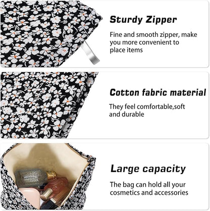 Flower Makeup Bag Travel Large Cosmetic Bag for Women Cute Cotton Makeup Pouch Zipper Cosmetic Pouch for Purse Aesthetic Black Floral Make up Organizer Bag Portable Toiletry Bags