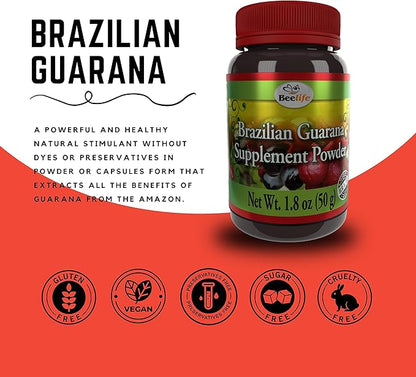 Beelife Brazilian Guarana Powder - Natural Caffeine Supplements from Brazil - Energy & Mental Focus, Muscle Strength Support - Zero Gluten, No Sugar Vegan Pre Workout for Men & Women - 50g