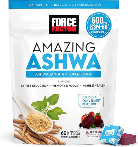 Force Factor Amazing Ashwa for Stress Relief, Memory, Focus, and Immune Support Health, Ashwaganda Supplement with KSM-66 Ashwagandha for Stress, 60 Soft Chews