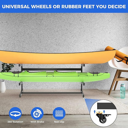 Kayak Storage Rack, Heavy Duty Adjustable Freestanding Kayak Stand with Wheels or Protection Pad for Kayaks, SUPs, Canoe and Paddleboard Kayak Rack for Indoor & Outdoor Use
