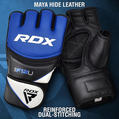 RDX MMA Gloves Grappling Sparring, Maya Hide Leather, Boxing Gloves Men Women Muay Thai Martial Arts Training, Half Finger Adjustable Mitts Wrist Support Kickboxing Cage Fighting Punching Bag Workout