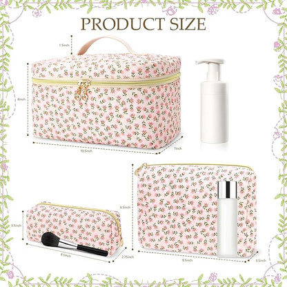 3 PCS Travel Makeup Bag Set, Large Cotton Make up Bag Quilted for Women, Floral Cosmetic Bag Toiletry Bag for Girls Cute Flower Toiletry Bag Travel Accessories Brushes Kawaii Stuff - Red Flower