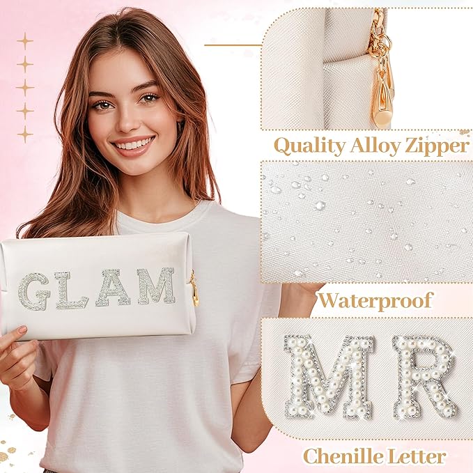 CY2SIDE Mrs Letter Makeup Bag - 2PCS White GLAM and MRS Pearl Rhinestone Letter Patch Cosmetic Bag PU Leather Patch Pouch Waterproof Portable Zipper Travel Organizer for Wedding Bride Christmas Gifts