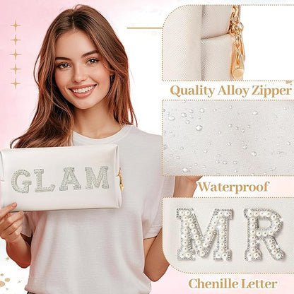 CY2SIDE Mrs Letter Makeup Bag - 2PCS White GLAM and MRS Pearl Rhinestone Letter Patch Cosmetic Bag PU Leather Patch Pouch Waterproof Portable Zipper Travel Organizer for Wedding Bride Christmas Gifts