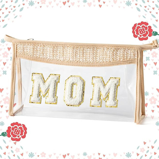 Mother's Day Cosmetic Bag - Summer Boho Patch MOM Chenille Varsity Letter Toiletry Kit Beige Clear Waterproof Travel Makeup Bag PVC Zipper Clutch Daily Use Purse Gift for Mom Women Ladies