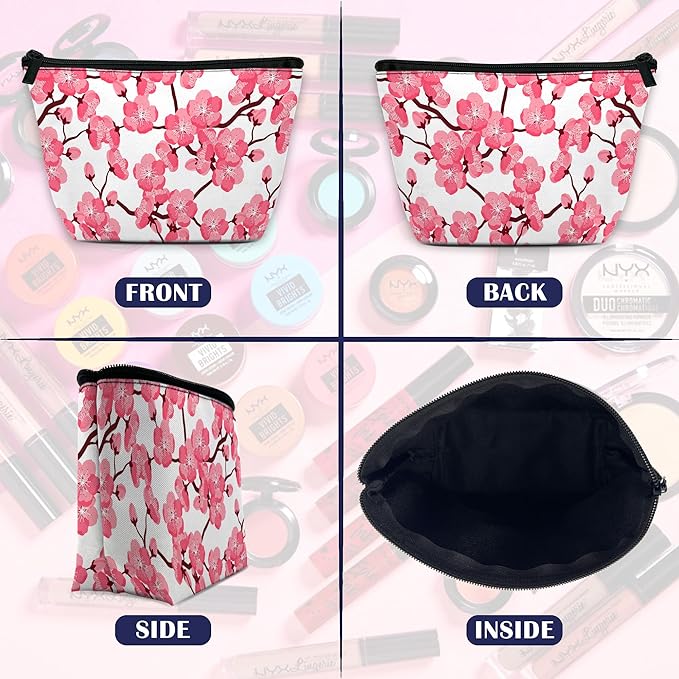 Cherry Blossom Makeup Bag for Purse, Waterproof Funny Japanese Pink Sakura Cosmetic Bag for Women, Zipper Travel Pouch Gift 9.5×5.9 Inch